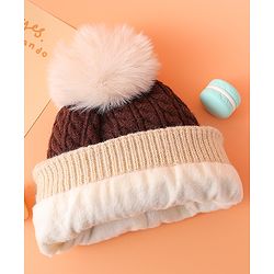 Babyhug Woollen Cap with Cable Knit Design & Pom Pom Brown - Diameter 13 cm