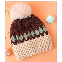 Babyhug Woollen Cap with Cable Knit Design & Pom Pom Brown - Diameter 13 cm