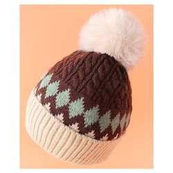 Babyhug Woollen Cap with Cable Knit Design & Pom Pom Brown - Diameter 13 cm