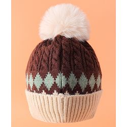 Babyhug Woollen Cap with Cable Knit Design & Pom Pom Brown - Diameter 13 cm