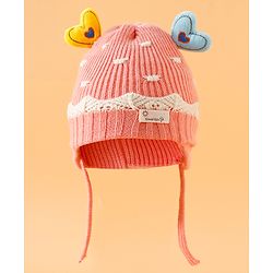 Babyhug Woollen Cap With Cord & Ear Applique Pink - Diameter 11 cm
