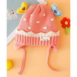 Babyhug Woollen Cap With Cord & Ear Applique Pink - Diameter 11 cm