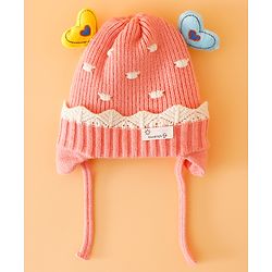 Babyhug Woollen Cap With Cord & Ear Applique Pink - Diameter 11 cm