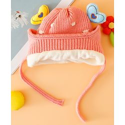 Babyhug Woollen Cap With Cord & Ear Applique Pink - Diameter 11 cm