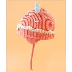 Babyhug Woollen Cap With Cord & Ear Applique Pink - Diameter 11 cm