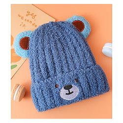 Babyhug Woollen Cap with Ear & Embroidery Blue - Diameter 12.5 cm