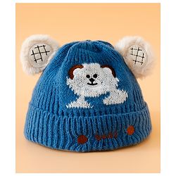 Babyhug Woollen Cap with Bear Embroidery Navy Blue - Diameter 14 cm