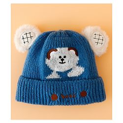 Babyhug Woollen Cap with Bear Embroidery Navy Blue - Diameter 14 cm