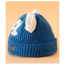 Babyhug Woollen Cap with Bear Embroidery Navy Blue - Diameter 14 cm