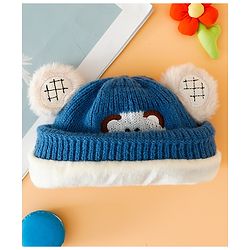 Babyhug Woollen Cap with Bear Embroidery Navy Blue - Diameter 14 cm