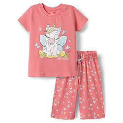 Babyhug Cotton Knit Half Sleeves Capri Night Suit With Unicorn & Butterfly Print - Pink