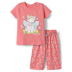 Babyhug Cotton Knit Half Sleeves Capri Night Suit With Unicorn & Butterfly Print - Pink