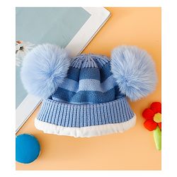 Babyhug Woollen Cap with Kitty Design & Pom Pom Applique Blue - Diameter 13 cm