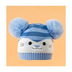 Babyhug Woollen Cap with Kitty Design & Pom Pom Applique Blue - Diameter 13 cm