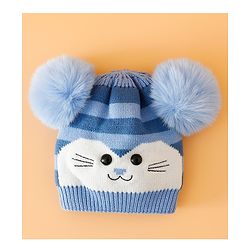 Babyhug Woollen Cap with Kitty Design & Pom Pom Applique Blue - Diameter 13 cm