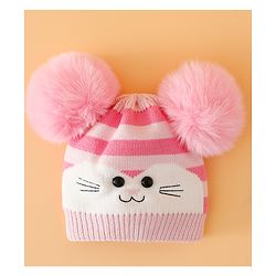 Babyhug Woollen Cap with Kitty Design & Pom Pom Applique Blue - Diameter 13 cm