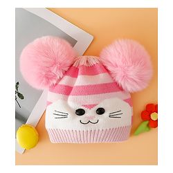 Babyhug Woollen Cap with Kitty Design & Pom Pom Applique Blue - Diameter 13 cm
