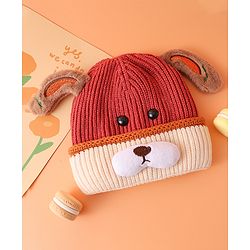 Babyhug Woollen Cap with Ear Bear Design Maroon - Diameter 15 cm