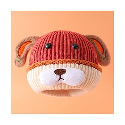 Babyhug Woollen Cap with Ear Bear Design Maroon - Diameter 15 cm
