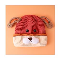 Babyhug Woollen Cap with Ear Bear Design Maroon - Diameter 15 cm