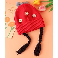 Babyhug Woolen Cap with Bow  & Braids Floral Applique Red - Diameter 12 cm