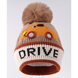 Babyhug Woollen Cap with Vehicle Design & Pom Pom Applique Brown - Diameter 12 cm