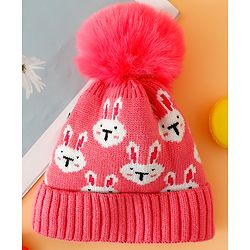Babyhug Woollen Cap With Bunny Print Pink Diameter - 11 cm