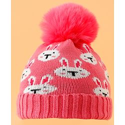 Babyhug Woollen Cap With Bunny Print Pink Diameter - 11 cm