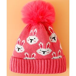 Babyhug Woollen Cap With Bunny Print Pink Diameter - 11 cm