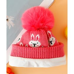 Babyhug Woollen Cap With Bunny Print Pink Diameter - 11 cm
