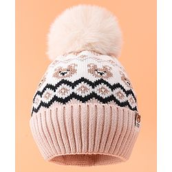 Babyhug Woolen Cap with Pom Pom & Bear Design Light Pink - Diameter 12.5 cm