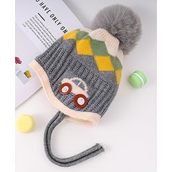 Babyhug Woollen Cap With Knot & Checks Design Grey - Diameter 15 cm