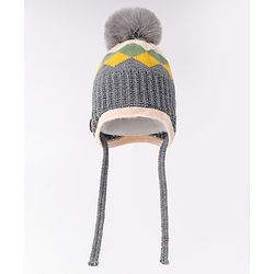 Babyhug Woollen Cap With Knot & Checks Design Grey - Diameter 15 cm
