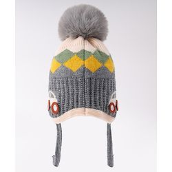 Babyhug Woollen Cap With Knot & Checks Design Grey - Diameter 15 cm