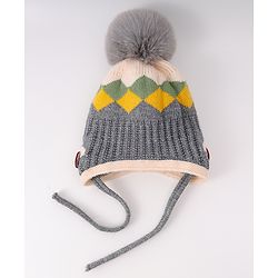 Babyhug Woollen Cap With Knot & Checks Design Grey - Diameter 15 cm
