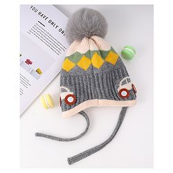 Babyhug Woollen Cap With Knot & Checks Design Grey - Diameter 15 cm
