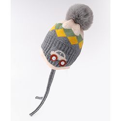 Babyhug Woollen Cap With Knot & Checks Design Grey - Diameter 15 cm