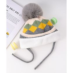 Babyhug Woollen Cap With Knot & Checks Design Grey - Diameter 15 cm