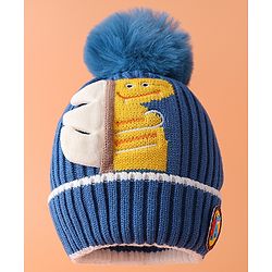 Babyhug Woolen Cap with Pom Pom & Dino Applique Blue - Diameter 11.5 cm