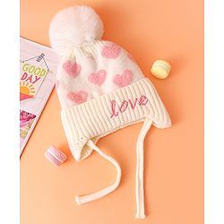 Babyhug Woollen Cap With Heart Design Cream - Diameter 12 cm