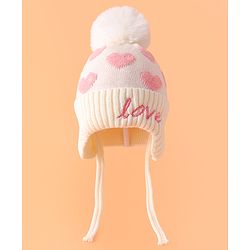 Babyhug Woollen Cap With Heart Design Cream - Diameter 12 cm