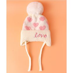 Babyhug Woollen Cap With Heart Design Cream - Diameter 12 cm