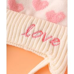 Babyhug Woollen Cap With Heart Design Cream - Diameter 12 cm