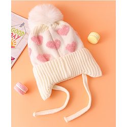 Babyhug Woollen Cap With Heart Design Cream - Diameter 12 cm
