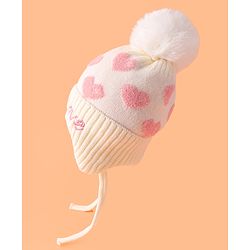 Babyhug Woollen Cap With Heart Design Cream - Diameter 12 cm