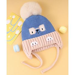 Babyhug Woollen Cap with Knot Pom Pom Bear Embroidery Blue - Diameter 14 cm