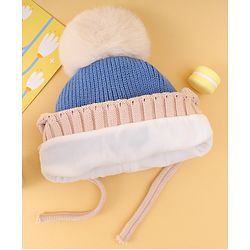 Babyhug Woollen Cap with Knot Pom Pom Bear Embroidery Blue - Diameter 14 cm