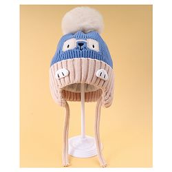 Babyhug Woollen Cap with Knot Pom Pom Bear Embroidery Blue - Diameter 14 cm