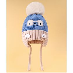 Babyhug Woollen Cap with Knot Pom Pom Bear Embroidery Blue - Diameter 14 cm