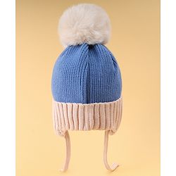 Babyhug Woollen Cap with Knot Pom Pom Bear Embroidery Blue - Diameter 14 cm